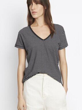 NWT Vince Striped V-Neck Short Sleeve Tee in Black/White 100% Pima Cotton XS $85
